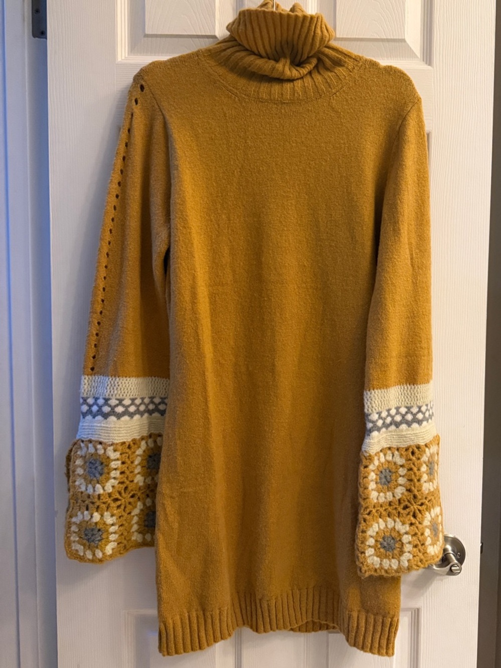 Lulu's Mustard Yellow Turtleneck Sweater with Crochet Bell Sleeves